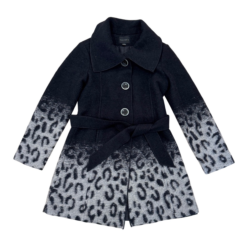 TRIBAL Black and Gray Leopard Ombre Wool Pea Coat Wide Lapels